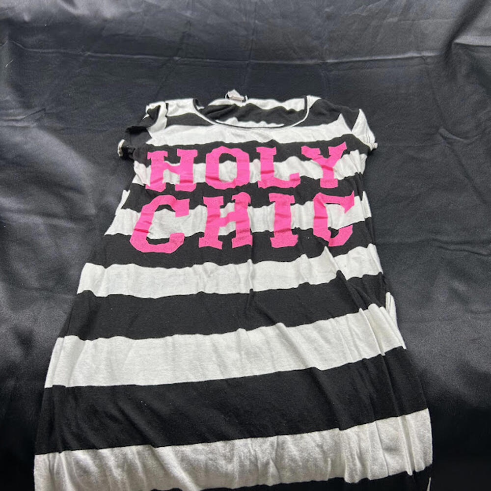Chelsea WOMENS Black White Striped “Holy Chic” Midi Dress‎ Pink Lettering Size S